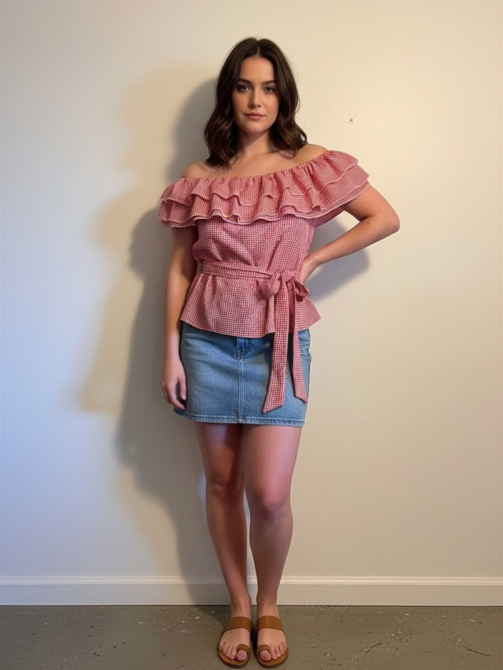 Who What Wear Red & White Gingham Off-Shoulder Ruffle Tie-Waist Top NWT